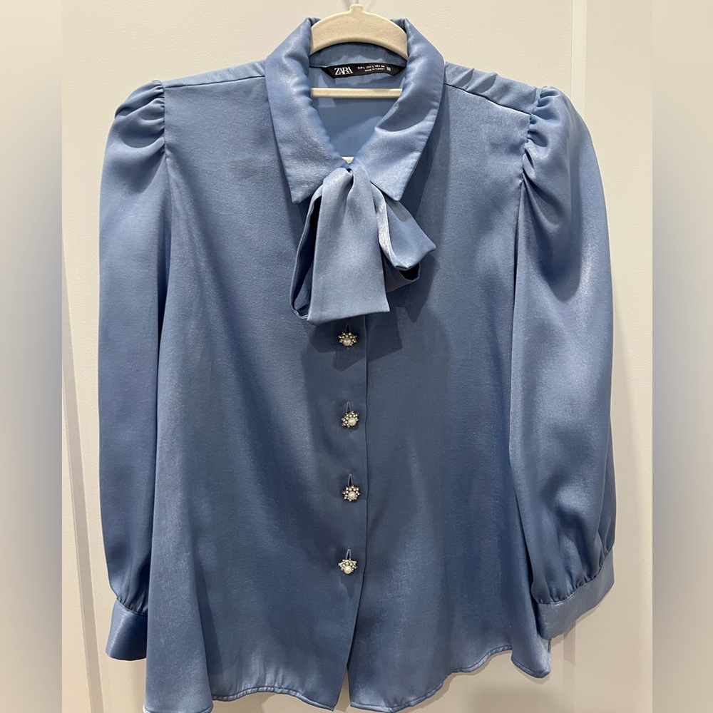 Zara- Elegant Blue Satin Blouse with Pearl Buttons